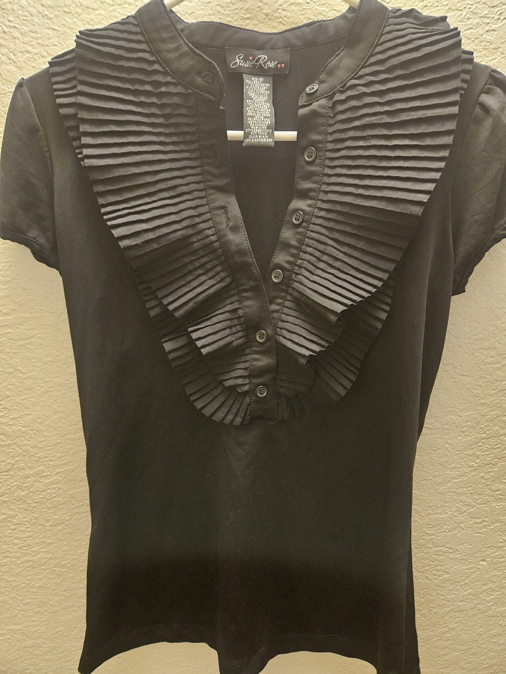 Black Pleated Ruffle-Trim Short Sleeve Top